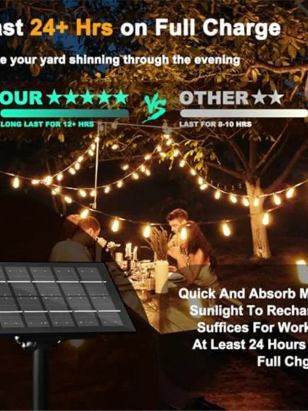 Solar String Lights Outdoor Patio Lights Warm White LED Remote 8 Modes 60FT